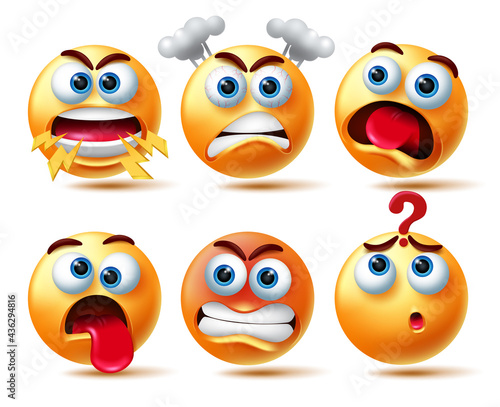 Emoji smileys vector character set. Smiley 3d emoticon in angry and weird emotions like shouting, furious, shocked and confuse for emojis face icon collection design. Vector illustration
