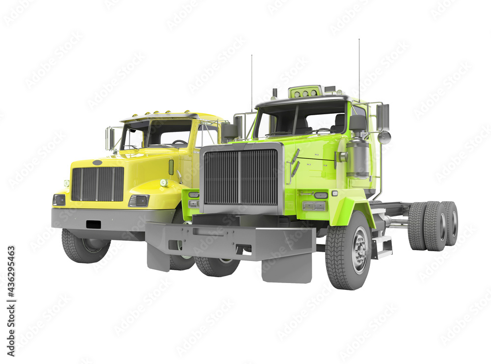 3d render group yellow and green dump truck isolated on white background no shadow