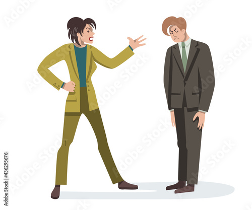  Angry female chief shouts at the subordinate. Disgruntled  female boss insults an employee.  Conflicts at work. Negative emotions. Flat illustration on isolated white background.