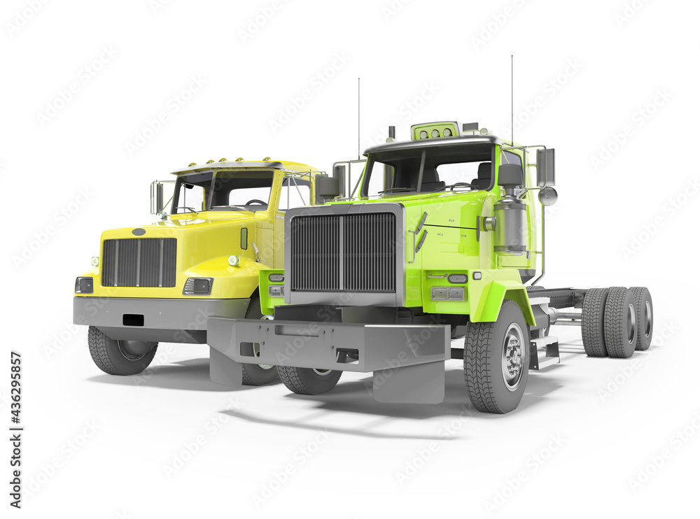 3d render group yellow and green dump truck isolated on white background with shadow