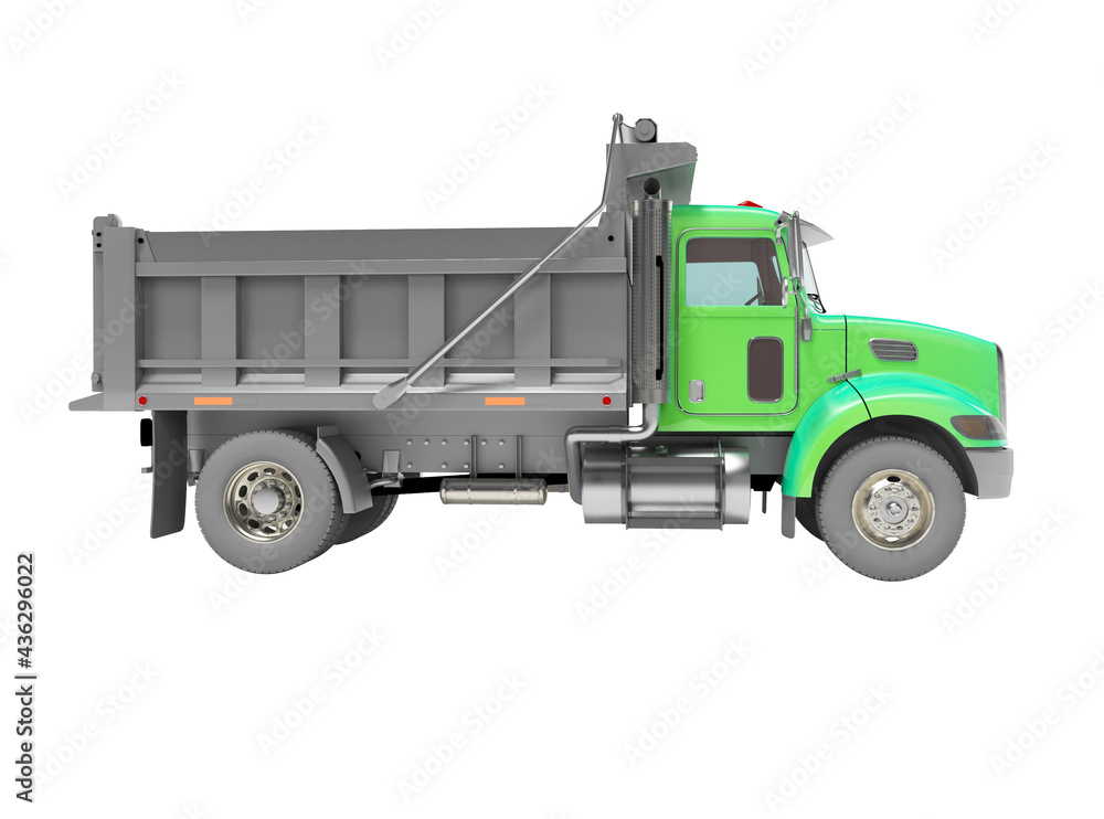 3d render of green dump truck with trailer with automatic closing side view on white background no shadow