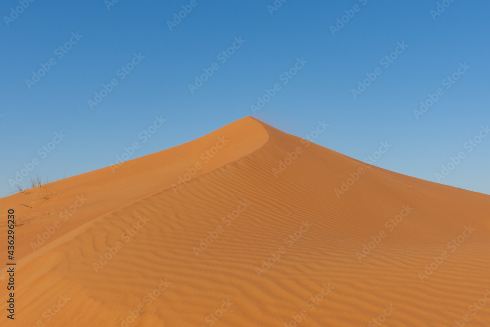 Sand dune peak ridge and desert sand textured and patterned making spectacular changing shapes. United Arab Emirates or Sahara Desert Concept.