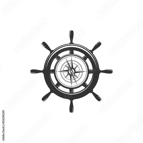 Nautical black helm with compass isolated on white. Ship and boat steering wheel sign.