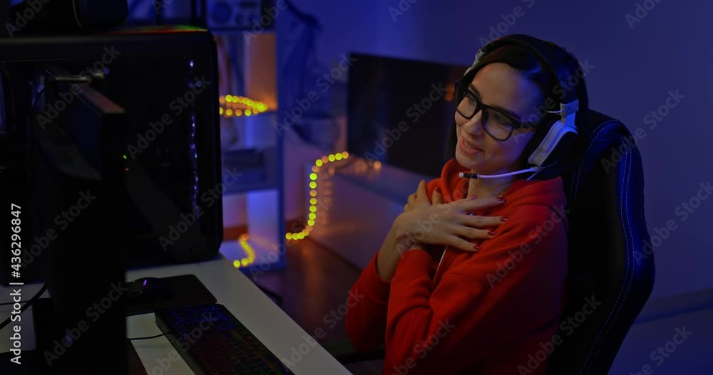 Beautiful girl blogger speaks on the network and gestures, streams and smiles. Modern virtual communication on the Internet, the blogger is broadcasting online. 4k, ProRes Beautiful girl blogger speaks on the network and gestures, streams and smiles. Modern virtual communication on the Internet, the blogger is broadcasting online. 4k, ProRes