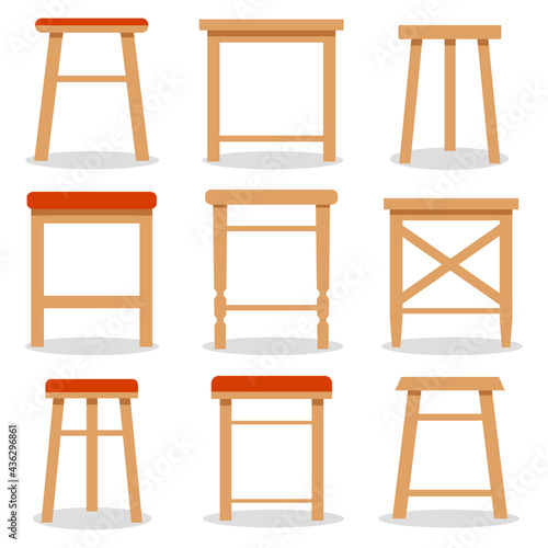 Stool, set of wooden stools on a white background. Vector illustration.