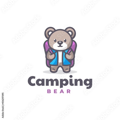 Vector Logo Illustration Camping Bear Mascot Cartoon Style.