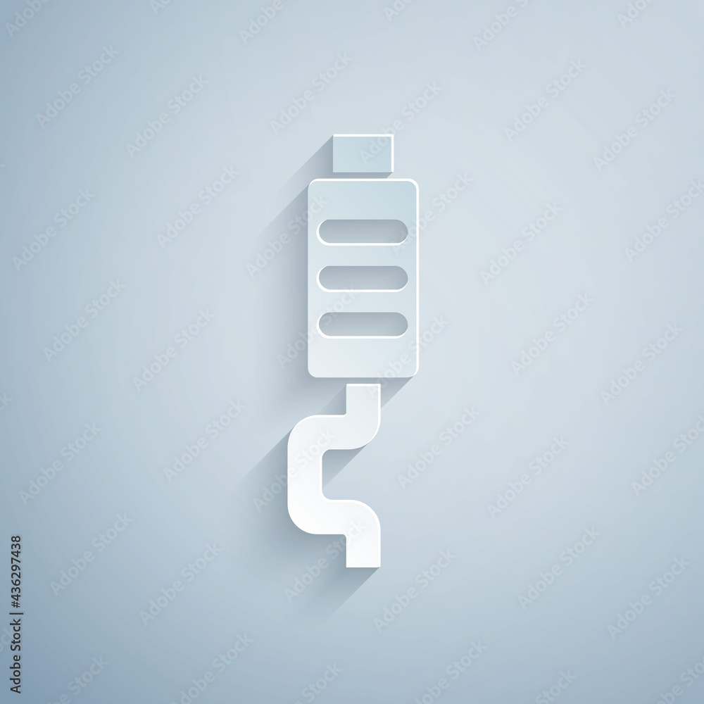 Paper cut Car muffler icon isolated on grey background. Exhaust pipe. Paper art style. Vector Paper cut Car muffler icon isolated on grey background. Exhaust pipe. Paper art style. Vector