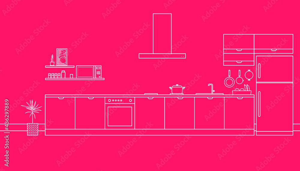 Kitchen room line art design on pink background. Vector illustration of room interior concept.