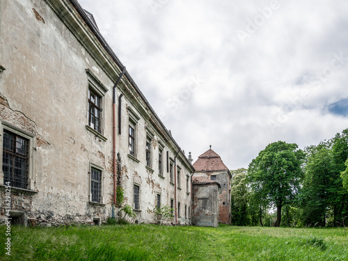 Zhovkva, Ukraine - 20.05.2021: The part of Zhovkva Castle, outdoor yard. It was founded by Polish Hetman Stanisław Żółkiewski as his fortified residence.