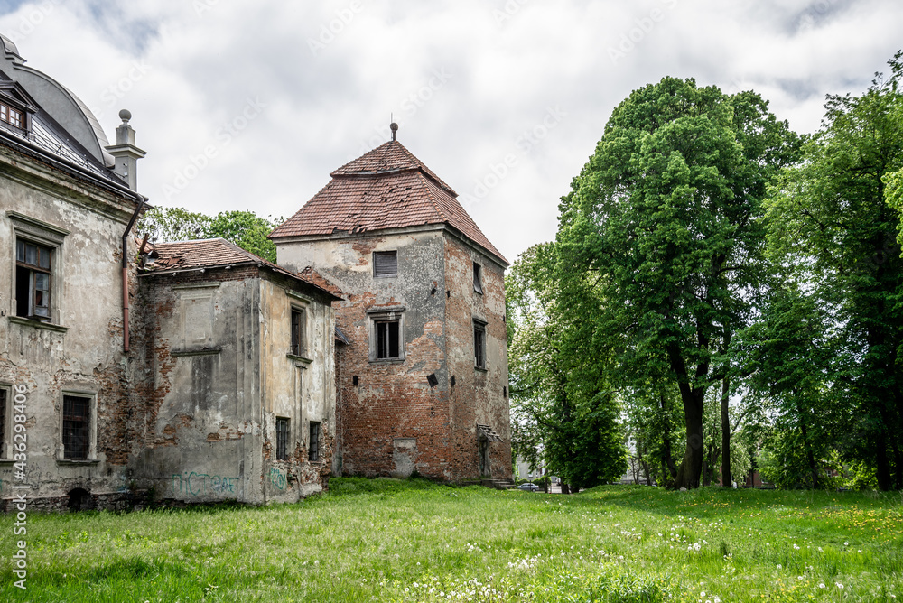 Zhovkva, Ukraine - 20.05.2021: The part of Zhovkva Castle, outdoor yard. It was founded by Polish Hetman Stanisław Żółkiewski as his fortified residence.