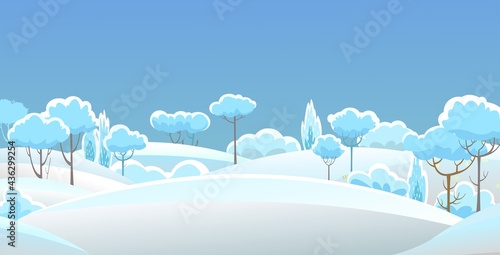Rural winter. Snowy beautiful landscape. Cartoon style. Snowdrifts. Hills and trees. Snow. Frosty cold. Romantic beauty. Flat design illustration. Vector art