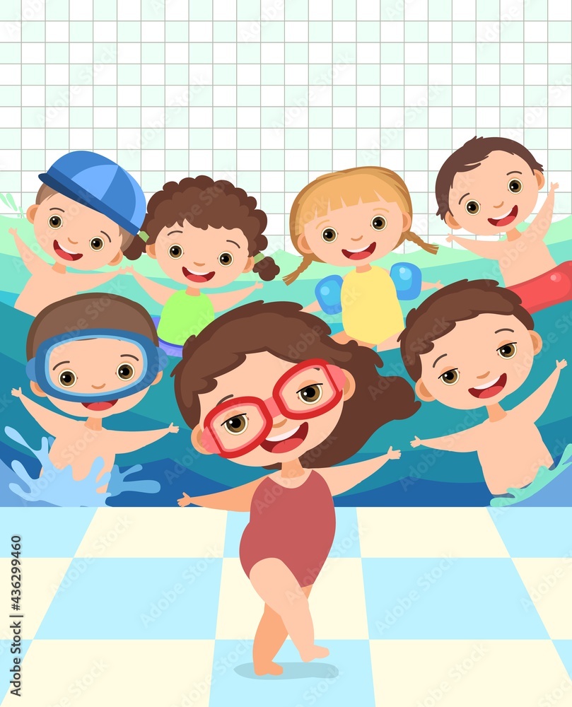 Children. Boys and girls. Have fun. Swimming pool with water waves. Wall with tiles. Swimming, diving and water sports. Illustration in cartoon style. Flat design. Vector art Children. Boys and girls. Have fun. Swimming pool with water waves. Wall with tiles. Swimming, diving and water sports. Illustration in cartoon style. Flat design. Vector art