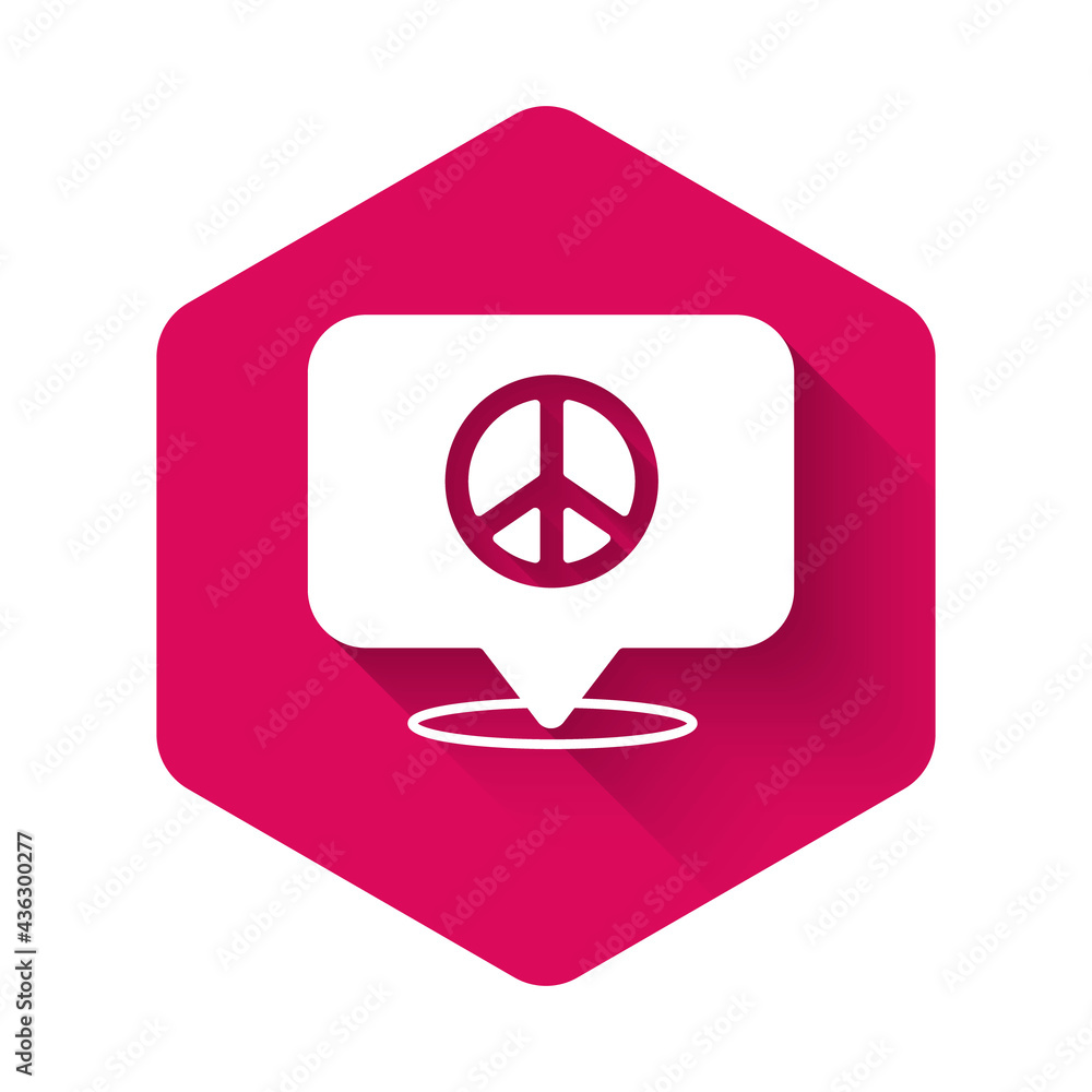 White Location peace icon isolated with long shadow background. Hippie symbol of peace. Pink hexagon button. Vector White Location peace icon isolated with long shadow background. Hippie symbol of peace. Pink hexagon button. Vector