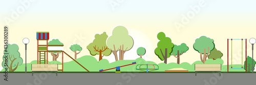 Playground in the park. Swings, slides and carousels. Flat cartoon style illustration. A place for children to play. Sandbox for kids. Outdoor landscape. Summer morning. Vector