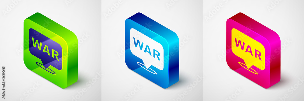Isometric The word war icon isolated on grey background. International military conflict. Army. Armament. Nuclear weapon. Template for text. Square button. Vector Isometric The word war icon isolated on grey background. International military conflict. Army. Armament. Nuclear weapon. Template for text. Square button. Vector