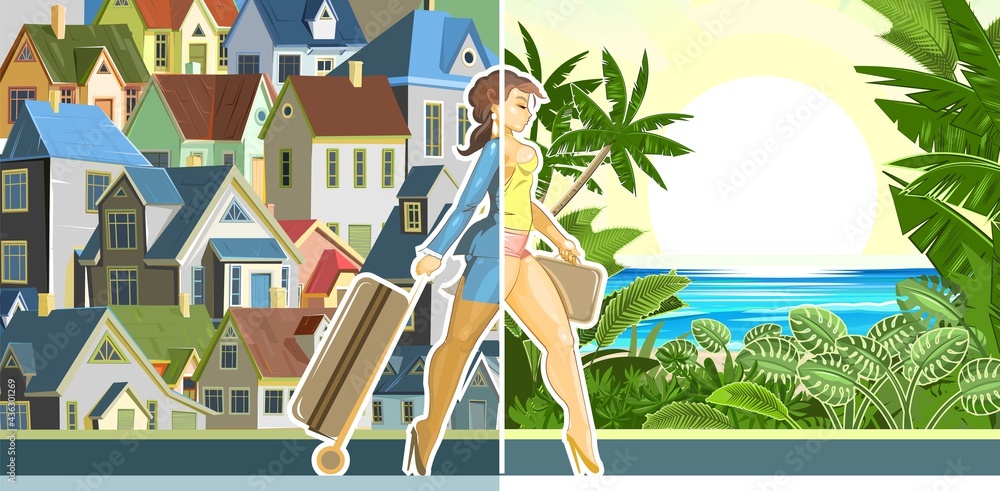 Pretty girl goes on vacation. Moving from a stuffy city to the sea with a beach. Beautiful woman on a journey. Cartoon flat style. Travel. Illustration vector