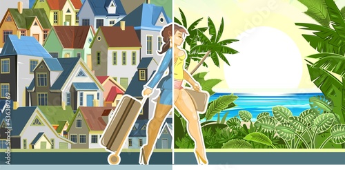 Pretty girl goes on vacation. Moving from a stuffy city to the sea with a beach. Beautiful woman on a journey. Cartoon flat style. Travel. Illustration vector