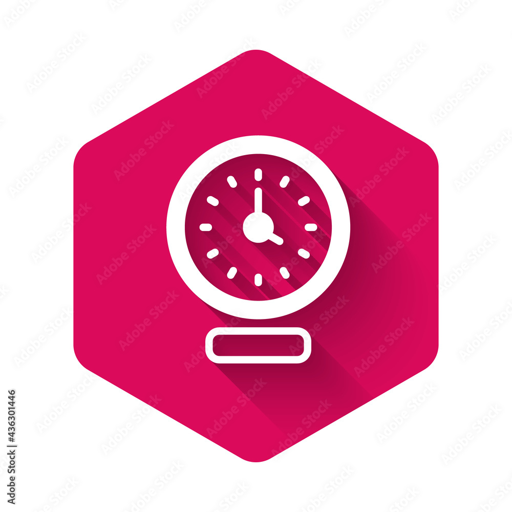 White Clock icon isolated with long shadow background. Time symbol. Pink hexagon button. Vector White Clock icon isolated with long shadow background. Time symbol. Pink hexagon button. Vector