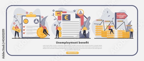 Set of Unemployment benefit Landing page concept template illustration. lost job, tired stressed businessman, claim form, workers compensation.
