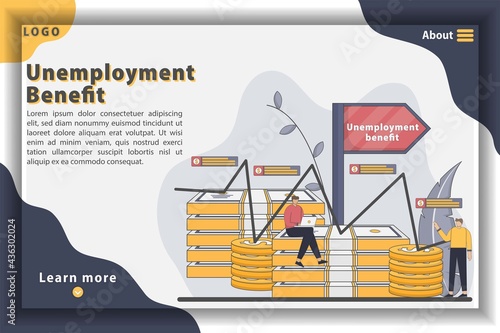 Unemployment benefit Landing page concept template illustration. lost job, tired stressed businessman, claim form, workers compensation.