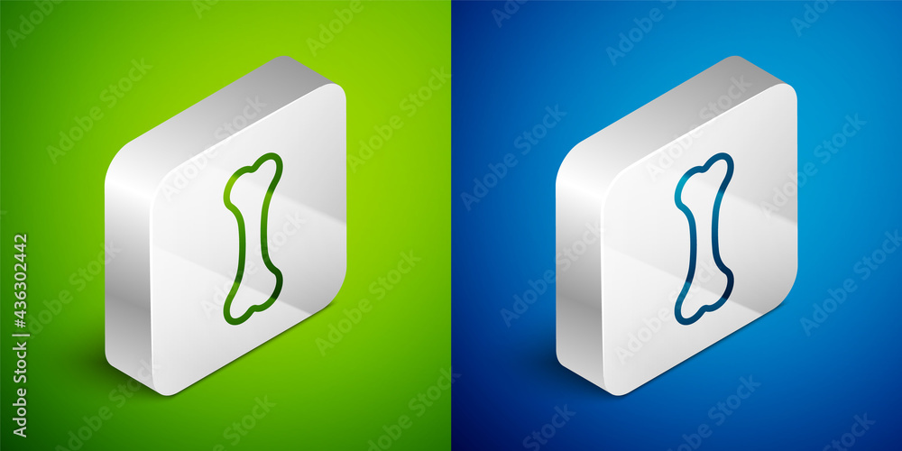 Isometric line Dog bone icon isolated on green and blue background. Pets food symbol. Silver square button. Vector Isometric line Dog bone icon isolated on green and blue background. Pets food symbol. Silver square button. Vector