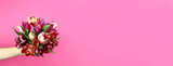Hand with a bouquet of tulips on a pink background. Horizontal banner. Copy space for text