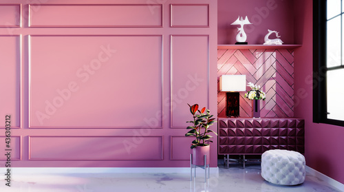 3d rendering,3d illustration, Interior Scene and  Mockup, Luxury style pink wall with luxury stool, Elegant floor marble with table lamp