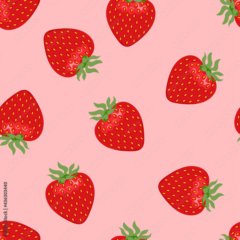Seamless pattern with cartoon strawberry on red background. Vector flat illustration of fresh berries. Seamless pattern with cartoon strawberry on red background. Vector flat illustration of fresh berries.