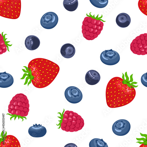 Cartoon forest berries seamless pattern. Food background. Vector flat illustration of strawberry, raspberry, blueberry and bilberry.