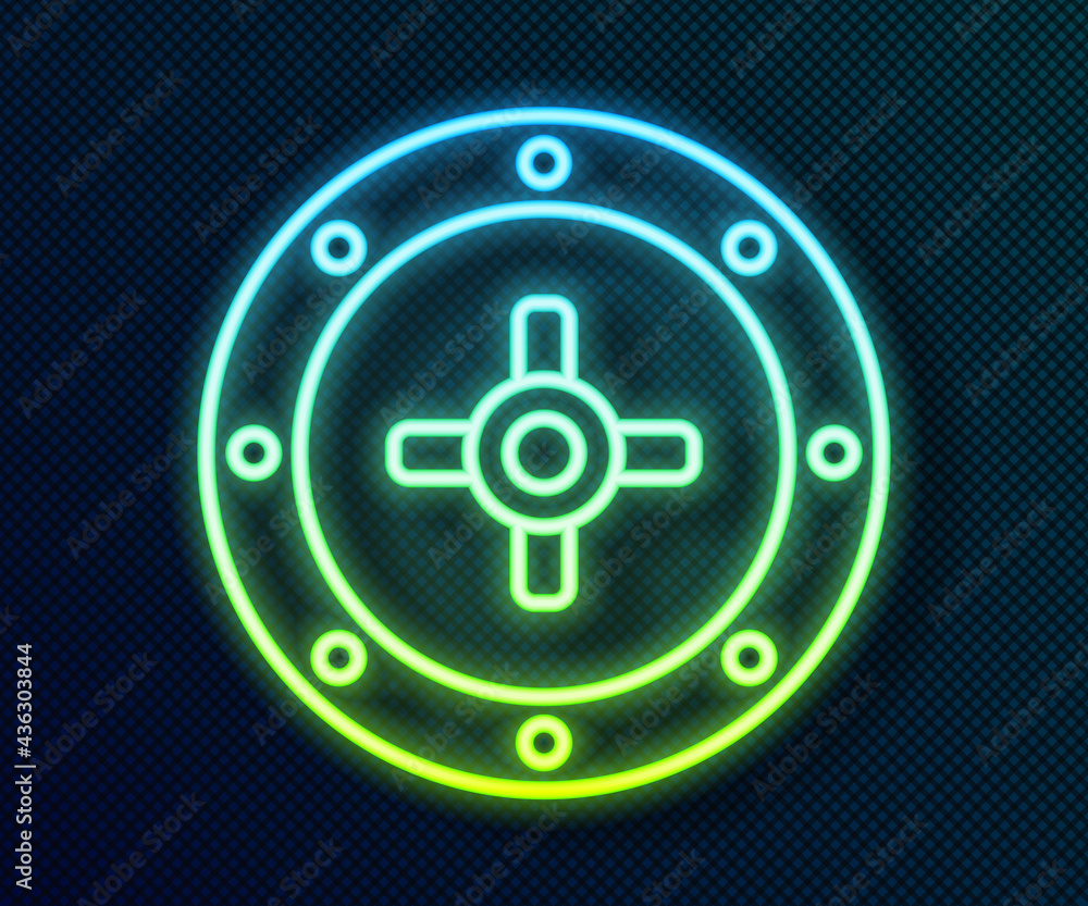 Glowing neon line Safe icon isolated on black background. The door safe a bank vault with a combination lock. Reliable Data Protection. Vector Glowing neon line Safe icon isolated on black background. The door safe a bank vault with a combination lock. Reliable Data Protection. Vector