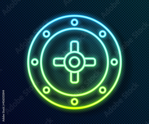 Glowing neon line Safe icon isolated on black background. The door safe a bank vault with a combination lock. Reliable Data Protection. Vector