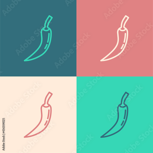 Pop art line Hot chili pepper pod icon isolated on color background. Design for grocery, culinary products, seasoning and spice package, cooking book. Vector