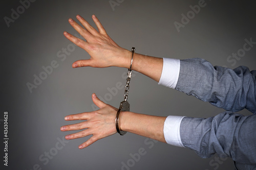 Arrested woman handcuffed hands. Prisoner or arrested terrorist, close-up of hands in handcuffs isolated. Criminal female hands locked in handcuffs