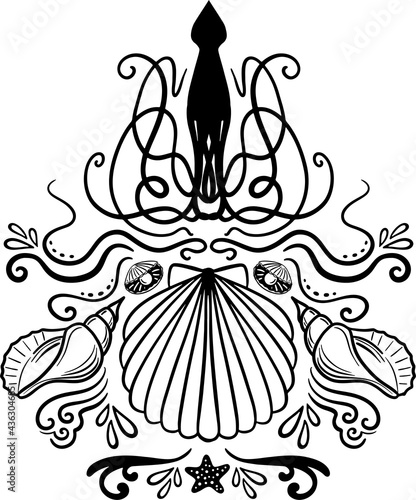 compositions with ocean creatures. Ocean and sea Magic illustrations. Seashell, mermaid, seahorse, under the sea life. Water tattoo logo design set