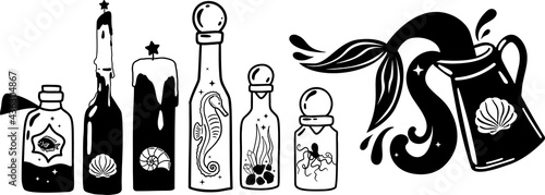 Ocean Witchy Magic illustrations. Sea and ocean witch symbols. Seashell, mermaid, seahorse, under the sea life. Water goddess set tattoo logo design