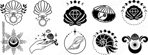 Ocean Witchy Magic illustrations. Sea and ocean witch symbols. Seashell, mermaid, seahorse, under the sea life. Water goddess set tattoo logo design