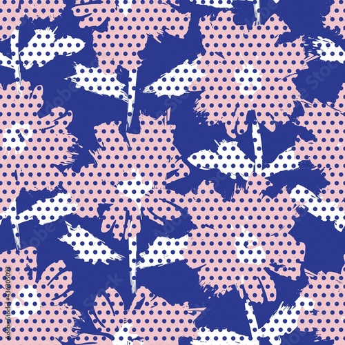 Pink Navy Botanical Tropical Floral Seamless Pattern with dotted Background
