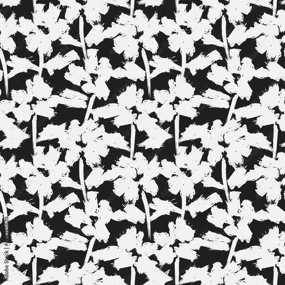 Black and White Floral Brush strokes Seamless Pattern Background Black and White Floral Brush strokes Seamless Pattern Background