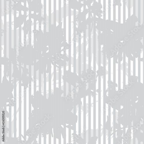 Black and White Botanical Floral Seamless Pattern with striped Background