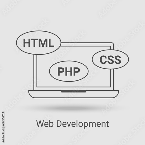 The Web Development icon.The notebook and symbols of the CSS,PHP,HTML, and JS programming languages.Flat vector illustration made with thin lines on a gray background.