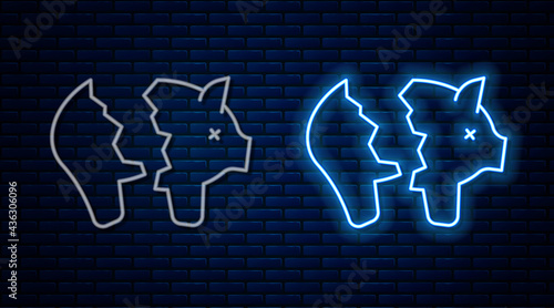Glowing neon line Broken piggy bank icon isolated on brick wall background. Icon saving or accumulation of money, investment. Vector