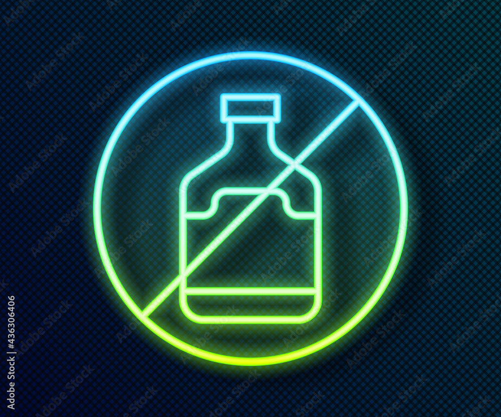 Glowing neon line No alcohol icon isolated on black background. Prohibiting alcohol beverages. Forbidden symbol with beer bottle glass. Vector Glowing neon line No alcohol icon isolated on black background. Prohibiting alcohol beverages. Forbidden symbol with beer bottle glass. Vector