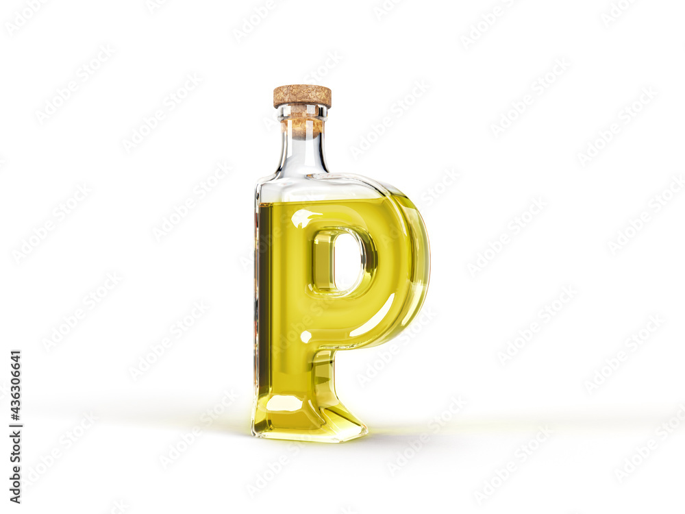 Letter P shaped bottle with olive oil inside. 3d illustration, suitable for cooking, alphabet and healthy eating themes
