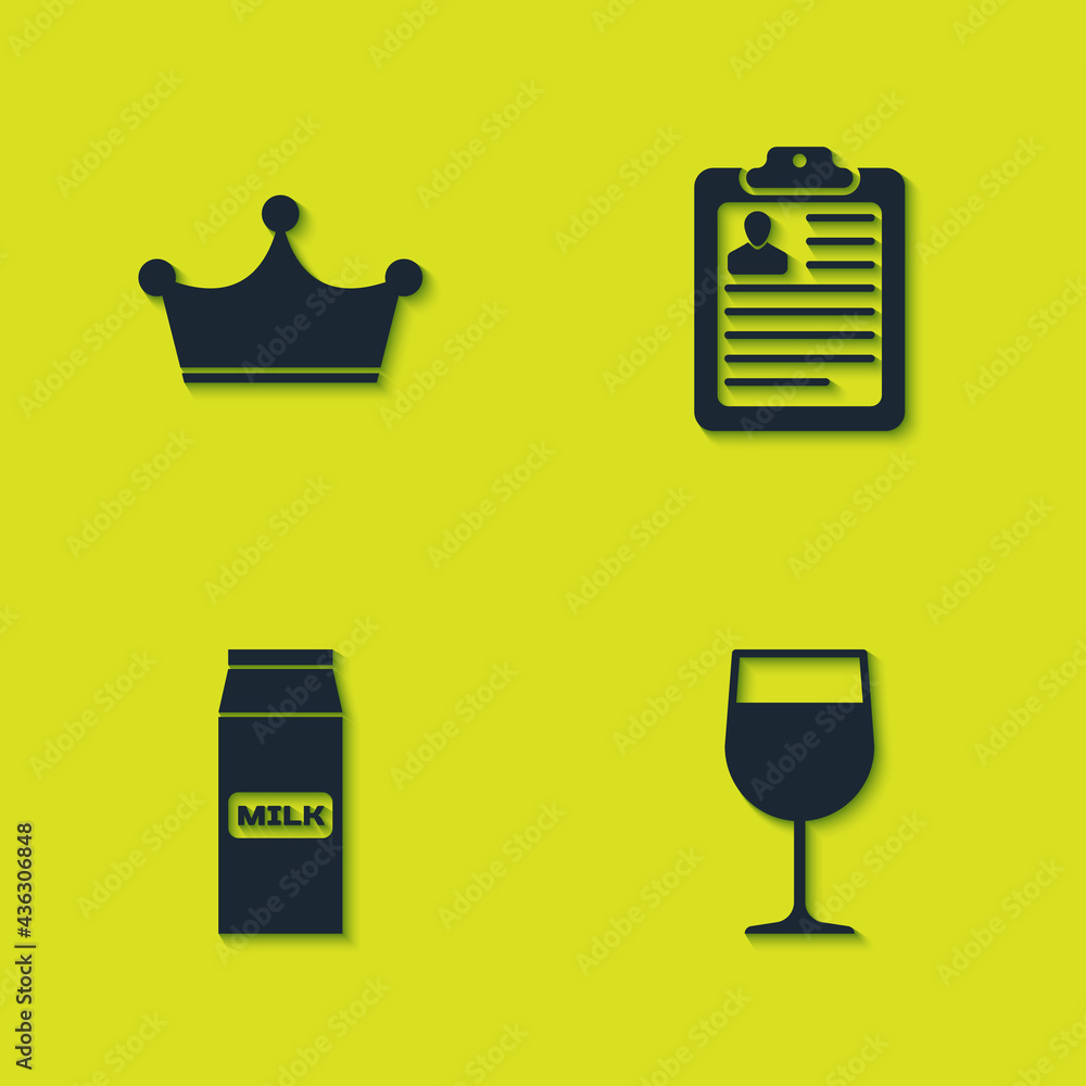 Set Crown, Wine glass, Paper package for milk and Clipboard with resume icon. Vector Set Crown, Wine glass, Paper package for milk and Clipboard with resume icon. Vector