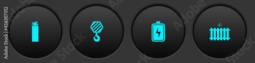 Set Lighter, Industrial hook, Battery and Heating radiator icon. Vector