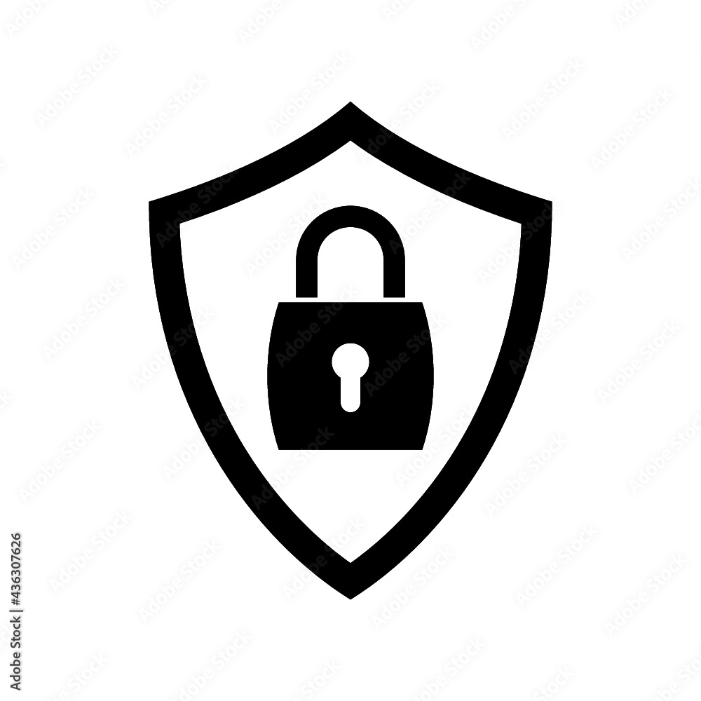Shield with lock icon. Cyber security logo isolated on white background Shield with lock icon. Cyber security logo isolated on white background
