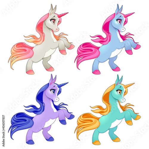 Baby unicorns on two legs. Cartoon vector isolated characters.
