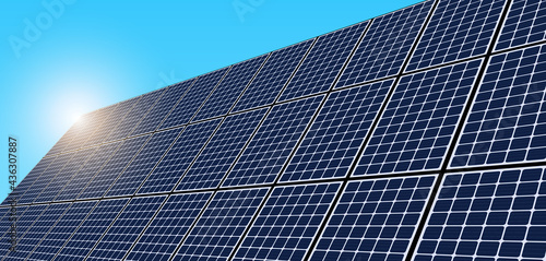 Solar panels and sun, solar energy produstion plant vector illustration.