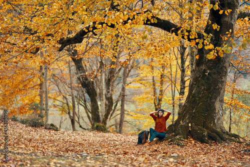 woman in autumn forest sitting under a tree landscape yellow leaves model