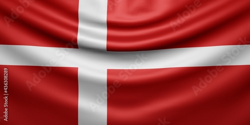 Hanging wavy national flag of Denmark with texture. 3d render.